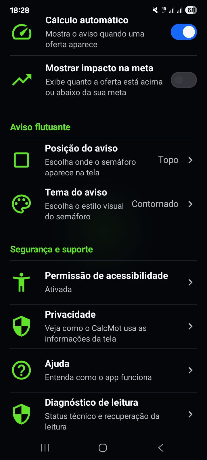 Configurações do CalcMot com cálculo automático ligado, mostrar impacto na meta, posição do aviso no topo, tema contornado, permissão de acessibilidade ativada e o diagnóstico de leitura.