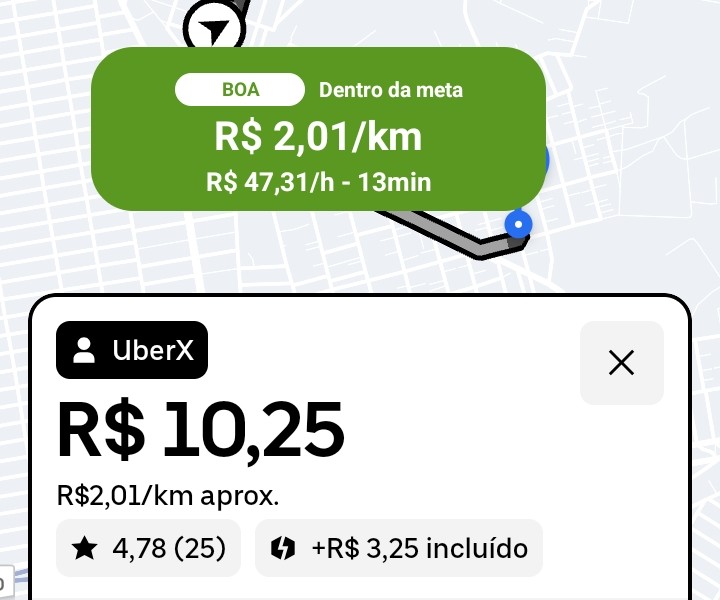 Oferta real UberX de R$ 10,25 com aviso CalcMot BOA mostrando R$ 2,01 por km, R$ 47,31 por hora e 13 minutos.
